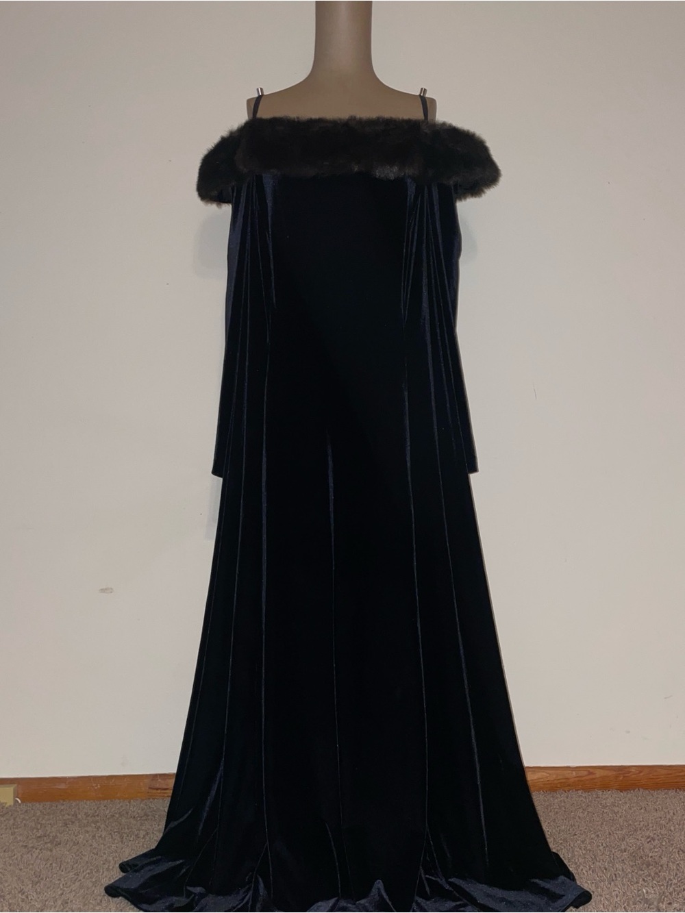 Patra Black Velvet Off-Shoulder Gown with Fur Trim